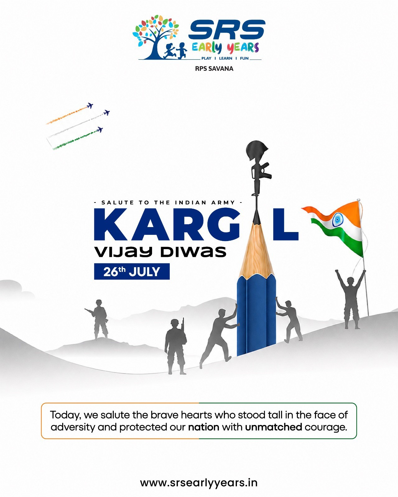 🇮🇳 Kargil Vijay Diwas | 26 July 🇮🇳

Today, we honour the brave soldiers whose courage, sacrifice, and dedication continue to inspire the nation. Their legacy reminds us to uphold the values of patriotism, unity, and selfless service.

Jai Hind! 🇮🇳

#KargilVijayDiwas #IndianArmy #SaluteToHeroes #JaiHind #NationFirst #PrideOfIndia #LearnCareShare
