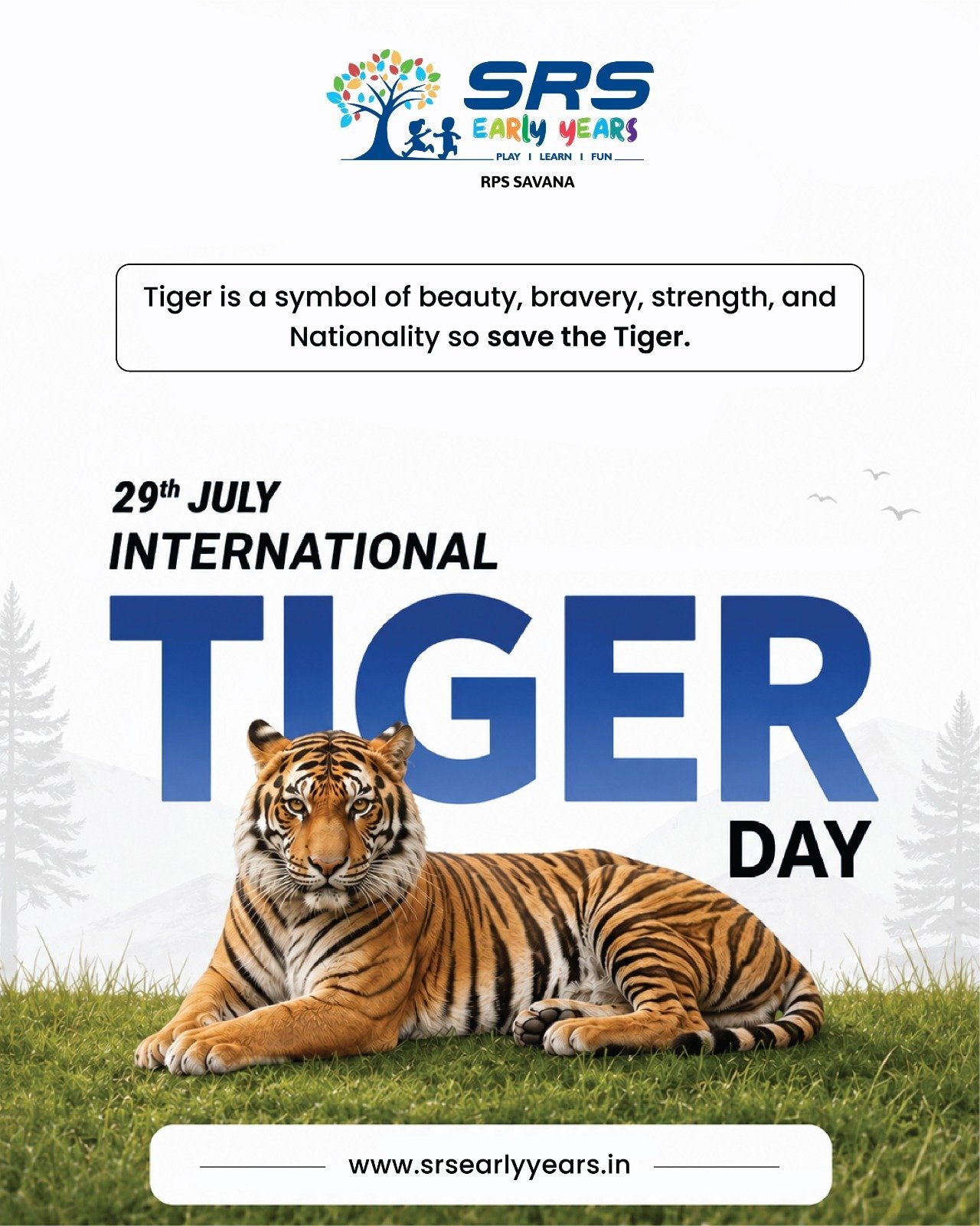 The roar of a tiger is the heartbeat of our forests. 🐯

A world with tigers is a world with thriving forests, rich biodiversity, and a healthier planet. On International Tiger Day, let us pledge to protect these magnificent creatures and preserve their natural habitats. Together, we can ensure that future generations continue to witness the majesty of the tiger in the wild.

#InternationalTigerDay #SaveTheTiger #ProtectOurPlanet #WildlifeConservation #SRSEarlyYears #LearnCareShare #NatureMatters #ConservationStartsWithUs